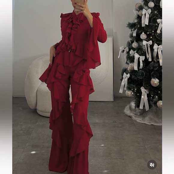 RED 2PCs Ruffled Pant Set - Picture 6 of 15